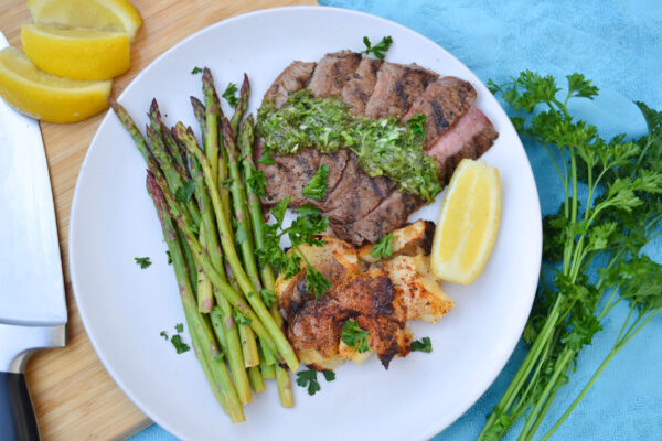 Chimichurri Steak, Smashed Potatoes, and Asparagus