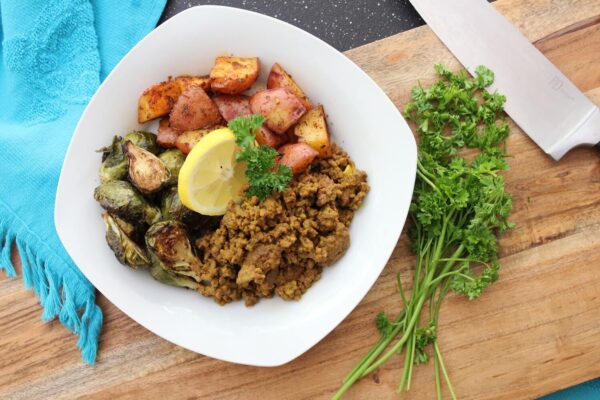 Grass-fed Turmeric Ground Beef with Balsamic Brussels and Roasted Red Potatoes