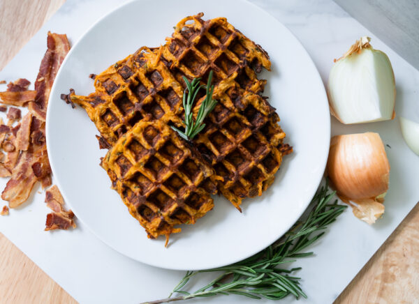Savory Bacon-Caramelized Onion Sweet Potato Waffles
